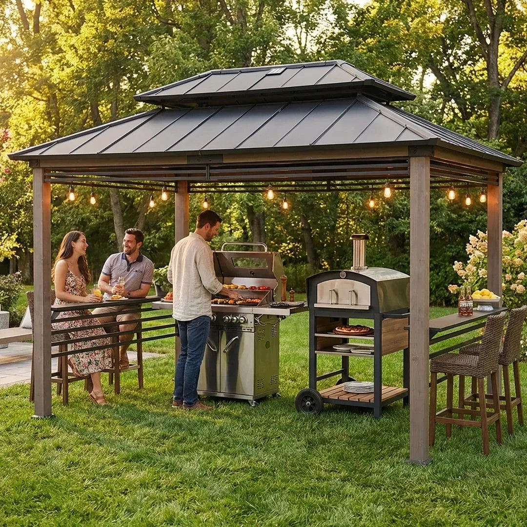 People grilling outdoors under a wooden gazebo with string lights in a garden setting.