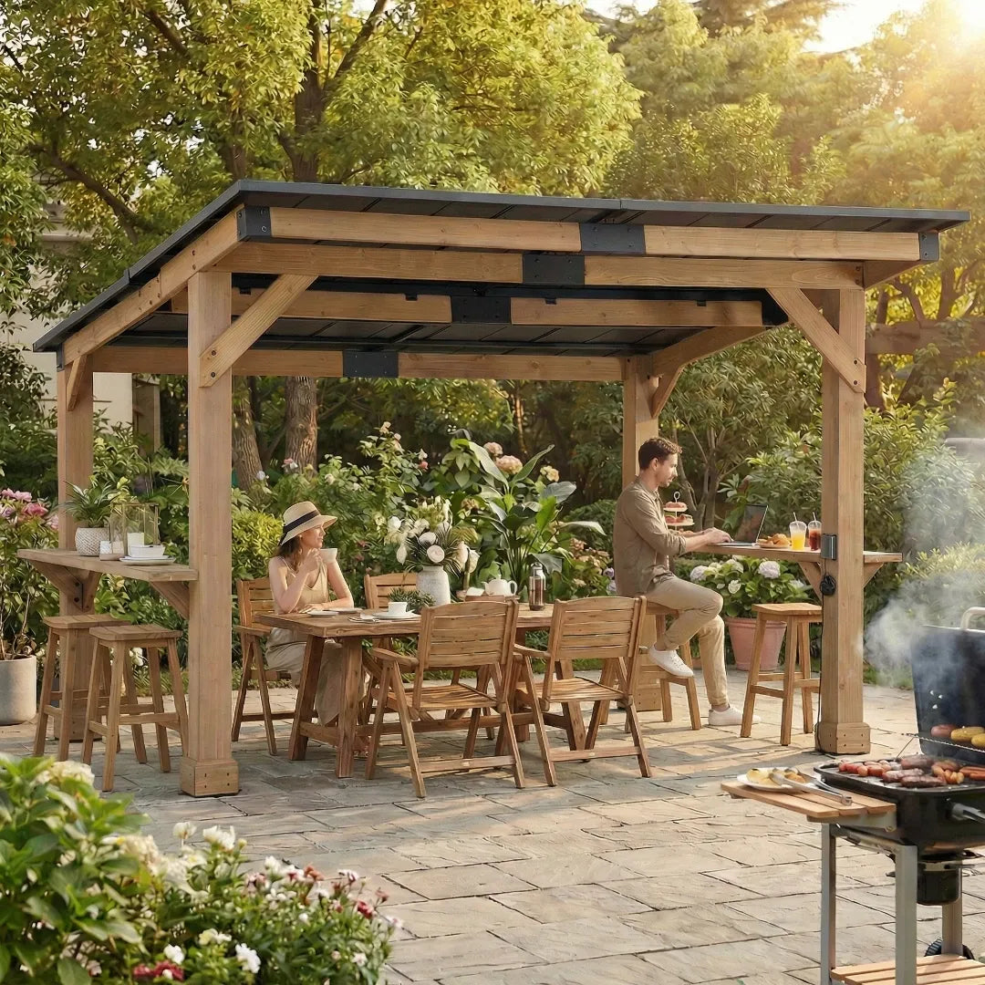 Two people sitting at a wooden outdoor dining table under a pergola with a grill and plants around.