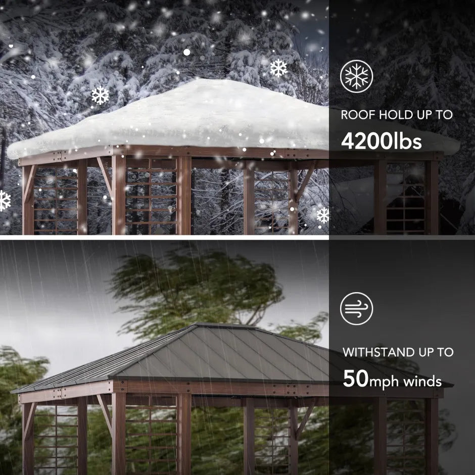 SUNJOY 13x15 Hardtop Gazebo Outdoor Black Steel Roof Gazebo Backyard Aluminum Framed Gazebo with Planters and Ceiling Hook