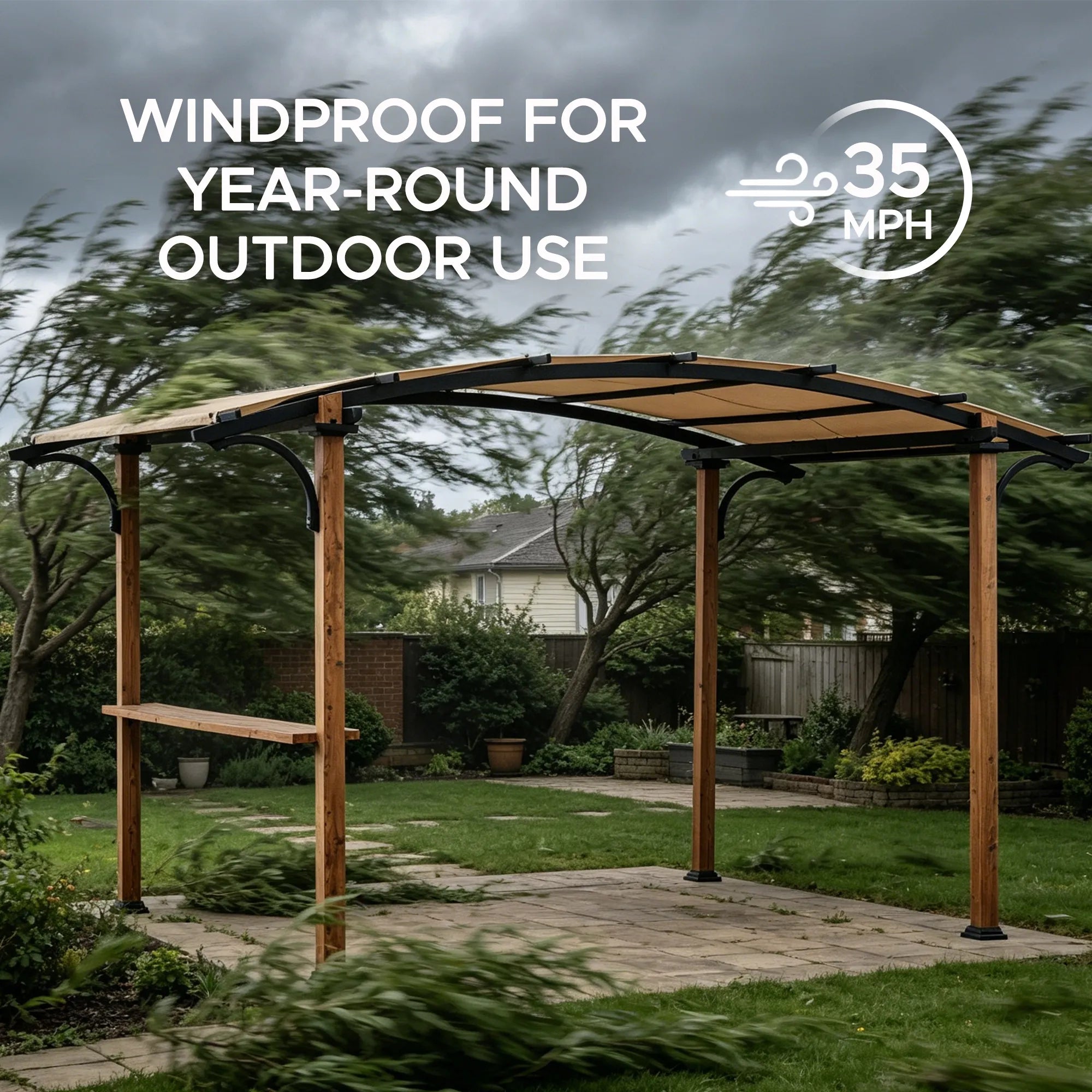 SUNJOY Outdoor Patio 9x13 Modern Tan Metal Arched Pergola Kit with Bar Shelf