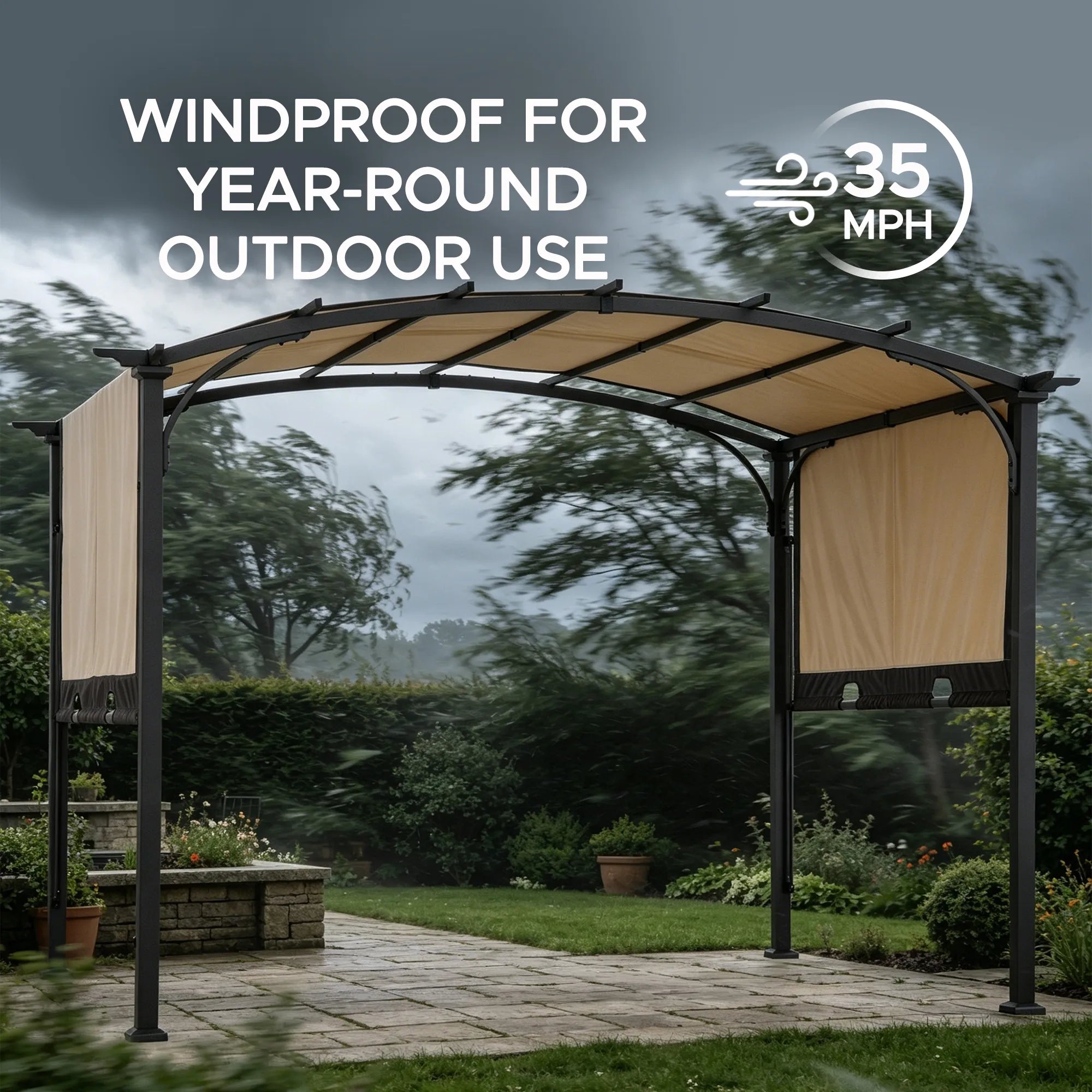 SUNJOY Outdoor Patio 9x11 Modern Tan Metal Arched Pergola Kit with Adjustable Canopy