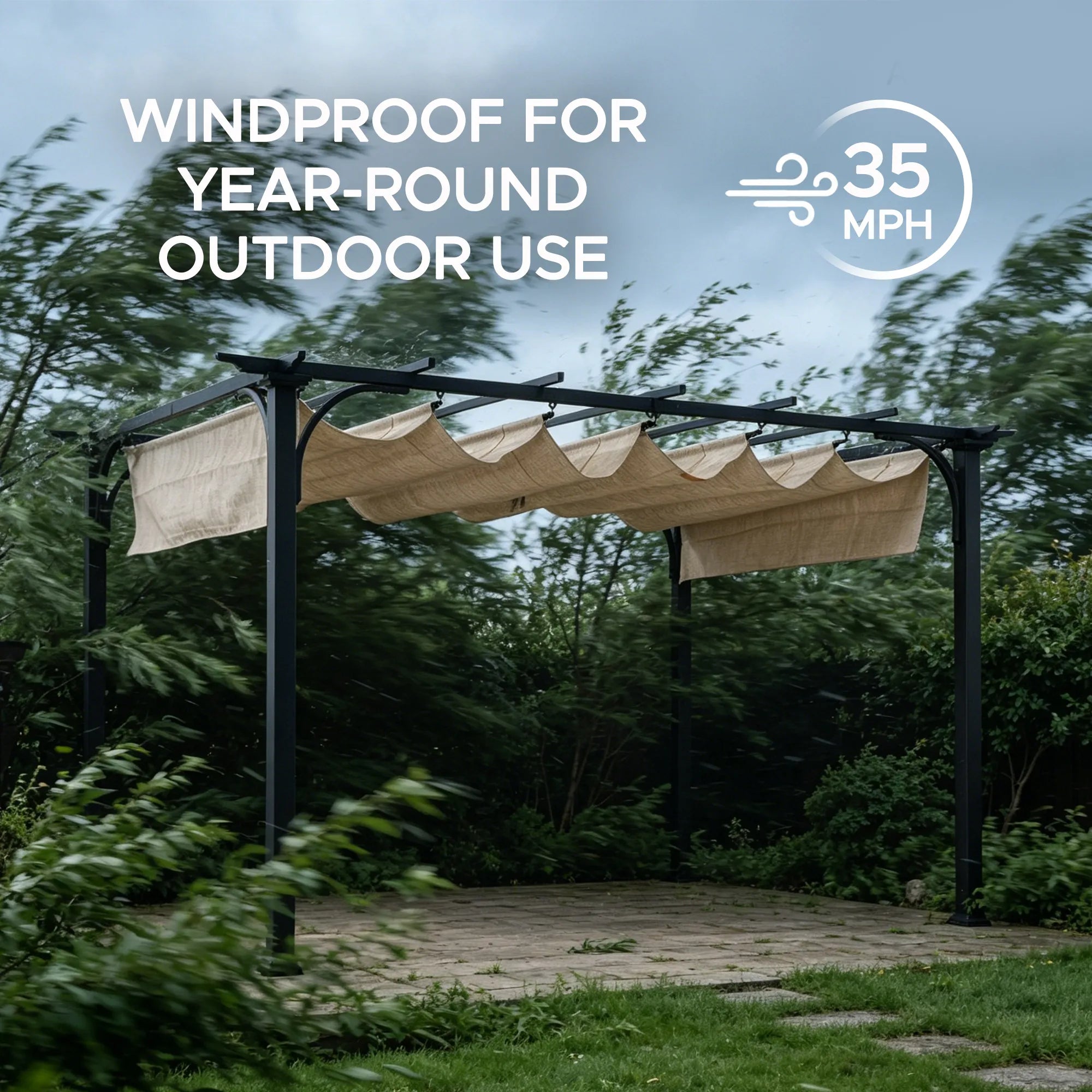 SUNJOY 9x12 Black Steel Frame Pergola Kit with Retractable Beige Canopy Shade