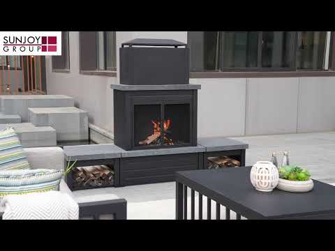 SUNJOY 58 Inch Wood Burning Fireplace, Steel Outdoor Fireplace with Chimney, Log Holders, Fireplace Tool, and PVC Cover
