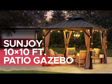 SUNJOY 10x10 Hardtop Gazebo with Aluminum Frame, Netting, and Curtain.