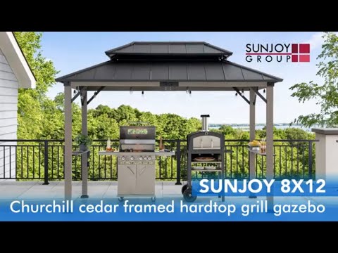 SUNJOY 8' x 12' Grill Gazebo, Wood Frame Hardtop Gazebo with Electrical Outlets and Shelves