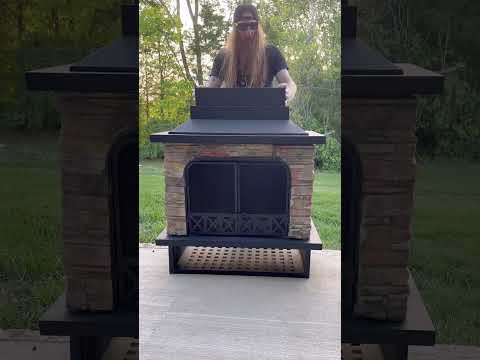 SUNJOY Outdoor 48 Inch Black Steel Wood Burning Stone Fireplace with Fire Poker and Removable Grate