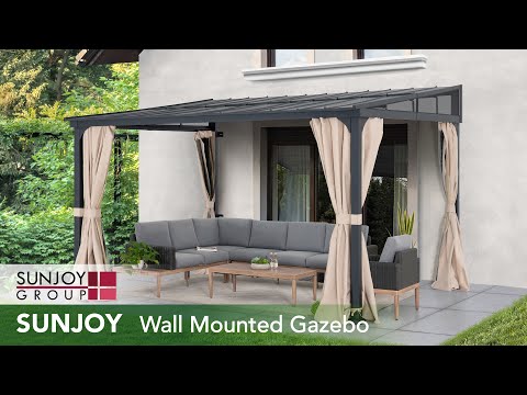 SUNJOY Merriam Wall Mounted Gazebo, Black Aluminum & Metal Frame Lean to Gazebo with Curtains and Netting
