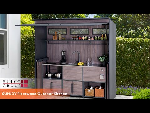 SUNJOY 7x3 Outdoor Kitchen Grill Station with Overhead Lift-Up Door & Folding Sliding Doors for Compact Space