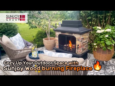SUNJOY Outdoor 48 Inch Black Steel Wood Burning Stone Fireplace with Fire Poker and Removable Grate
