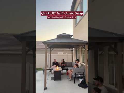 SUNJOY Grill Gazebo, 8x12 Cedar Frame Hardtop Gazebo with Solar Power and Shelves