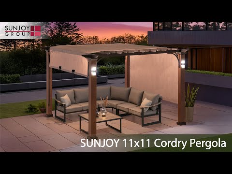 SUNJOY 11x11 Metal Pergola with Roof and Sliding Canopy – Outdoor Garden Pergola with Solar Lights