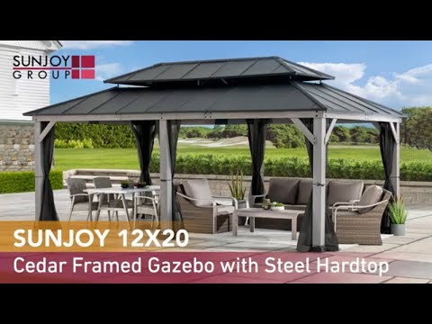 SUNJOY 12x20 Hardtop Gazebo Patio Wooden Frame Outdoor Gazebo, Rectangle Double Tiered Metal Hardtop Gazebo with Dual Rails and Ceiling Hook