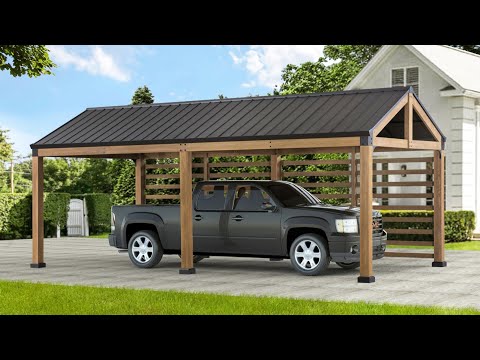 SUNJOY Newville 10x20 Galvanized Steel Roof Wood Carport with Privacy Wall & Rain Gutter