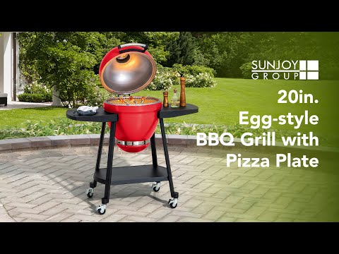 SUNJOY 20 Inch Charcoal Grill, Egg-shaped Outdoor Grill with Pizza Stone, Ultimate BBQ Grill and Smoker with Wheels