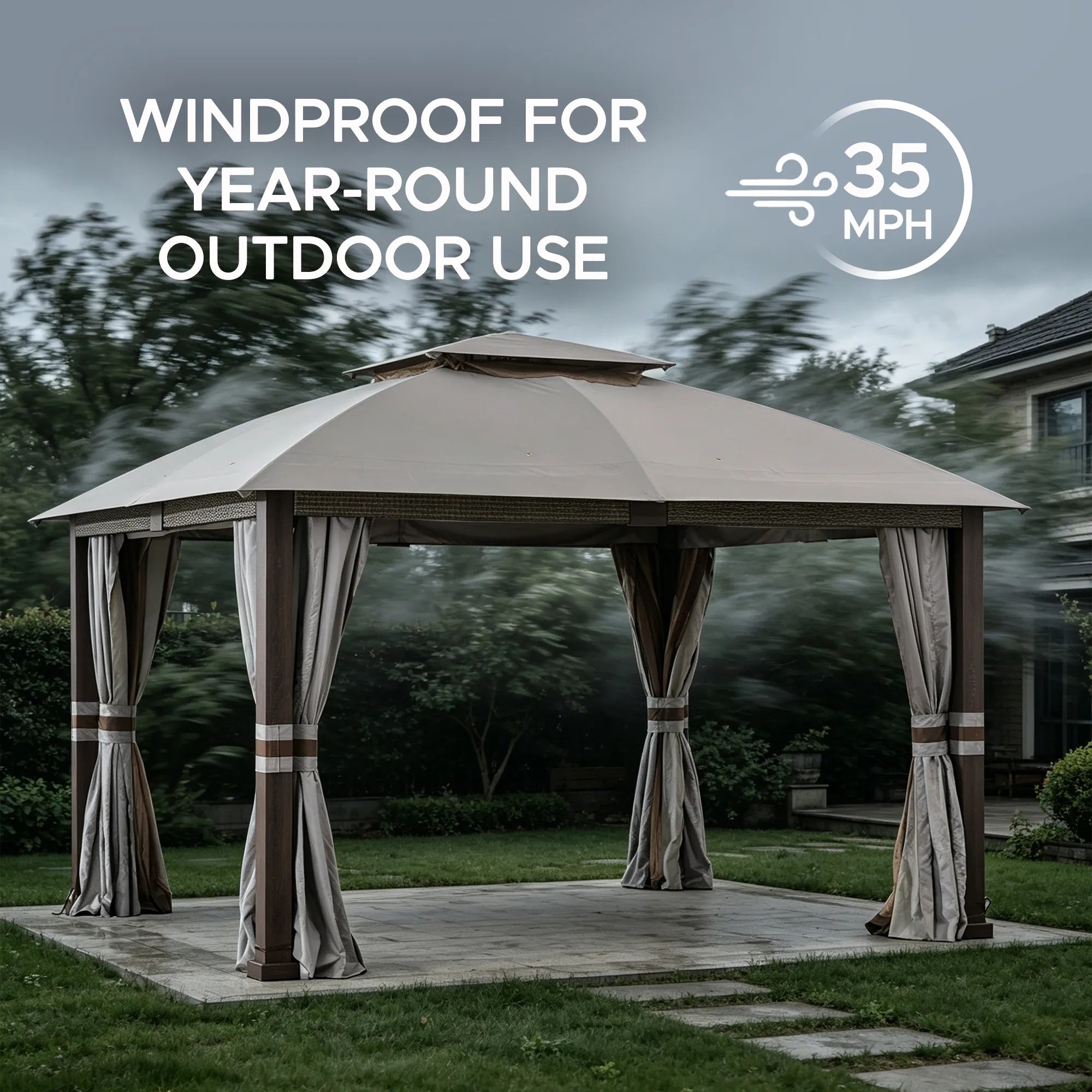 SUNJOY 11x13 Soft Top Gazebo with 2-Tier Canopy, Netting, Curtains and Hook - Light Gray