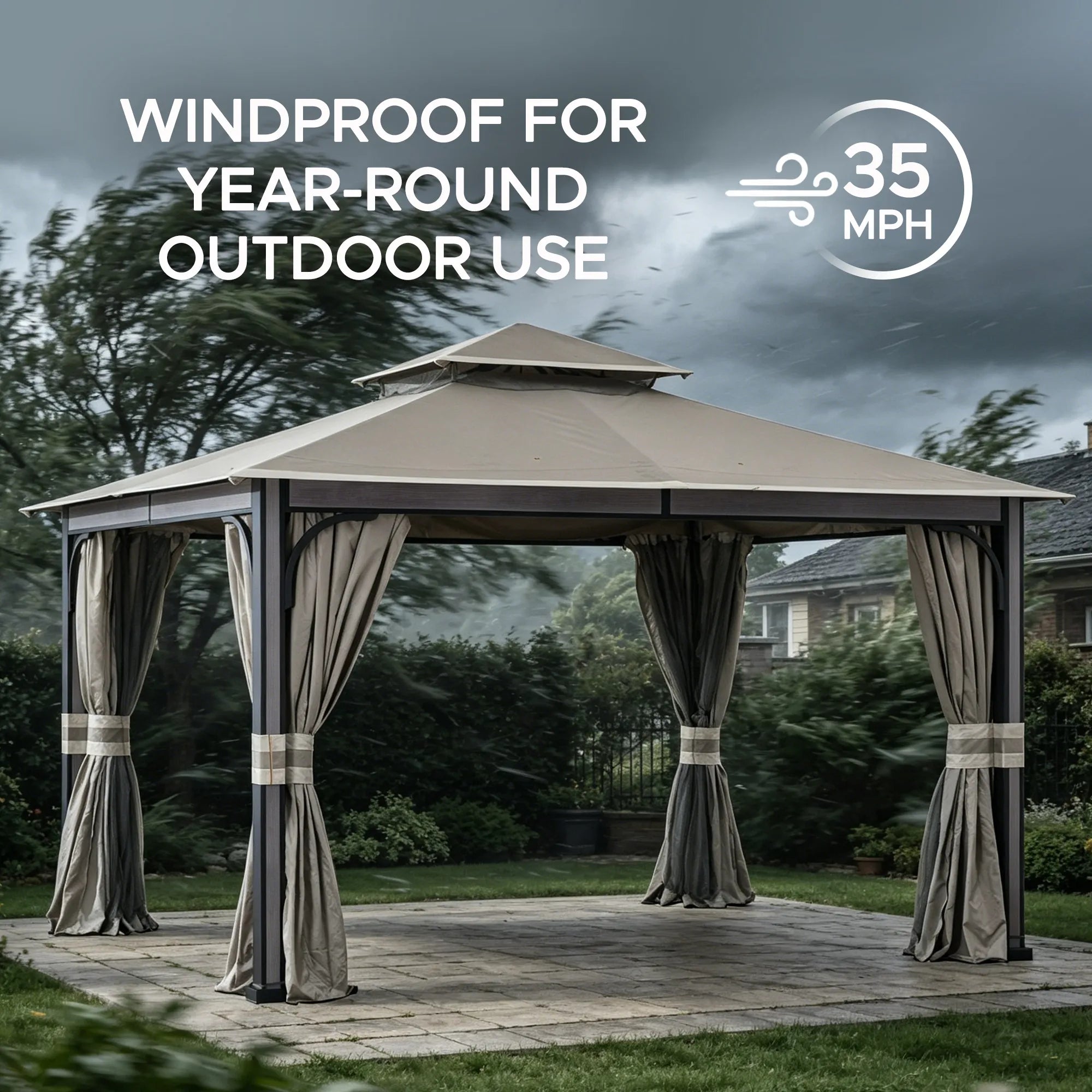 SUNJOY Outdoor Patio Steel Frame 11x13 Gazebo 2-Tier Soft Top Gazebo with Netting and Curtains - Light Gray
