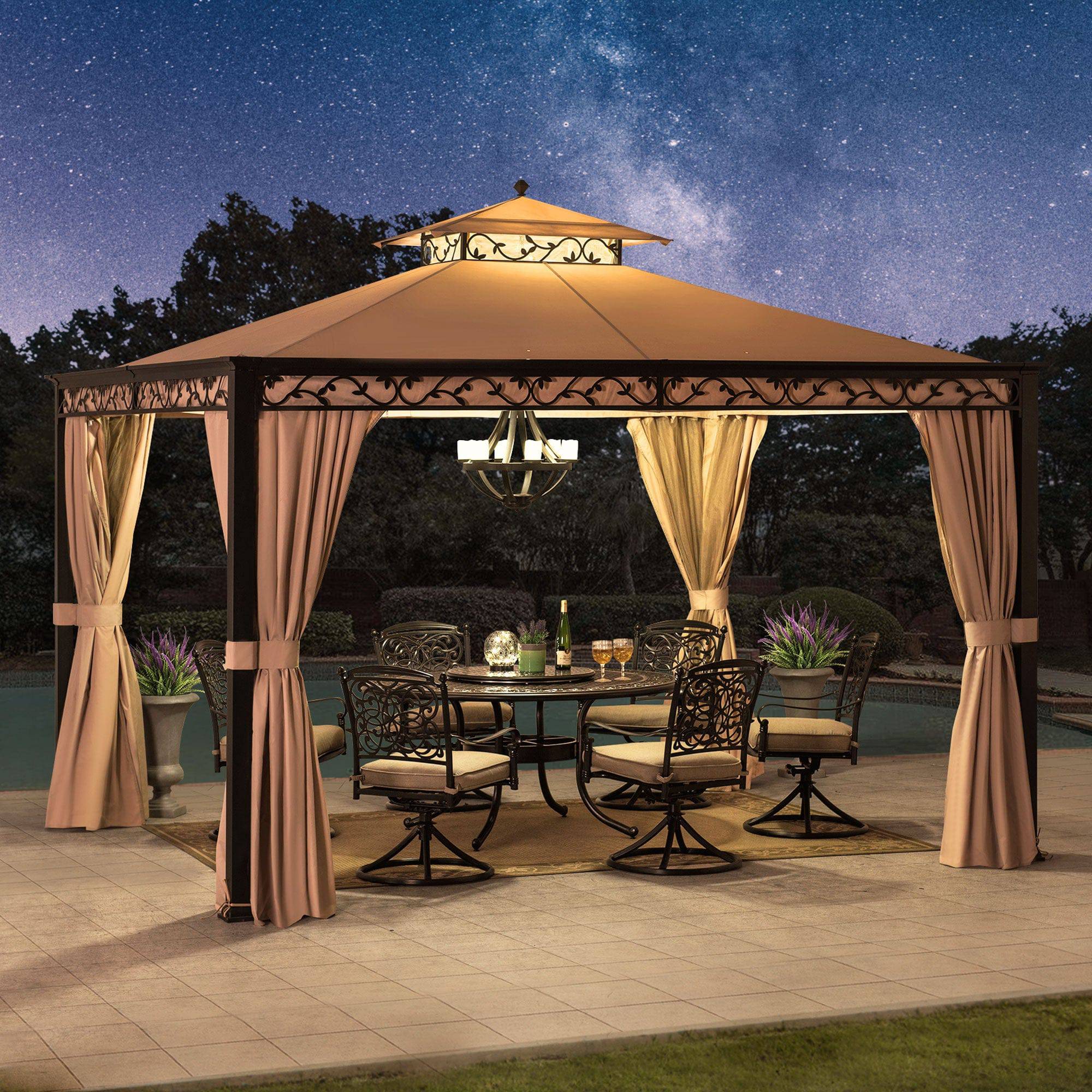 SUNJOY 10x12 ft. Steel Frame Gazebo Outdoor Patio 2-tier Soft Top Gazebo with Decorative Vine, Netting, Curtains, and Ceiling Hook