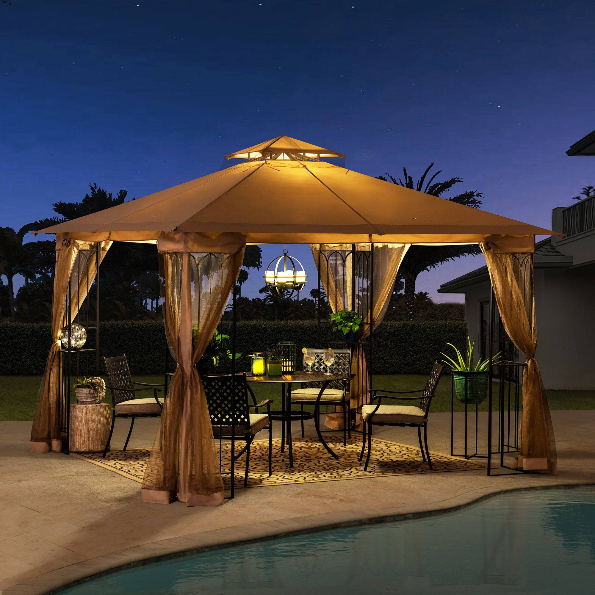 SUNJOY 11x11 Soft Top Patio Gazebo, Steel Gazebo with 2-tier Khaki Canopy, Netting and Shelves