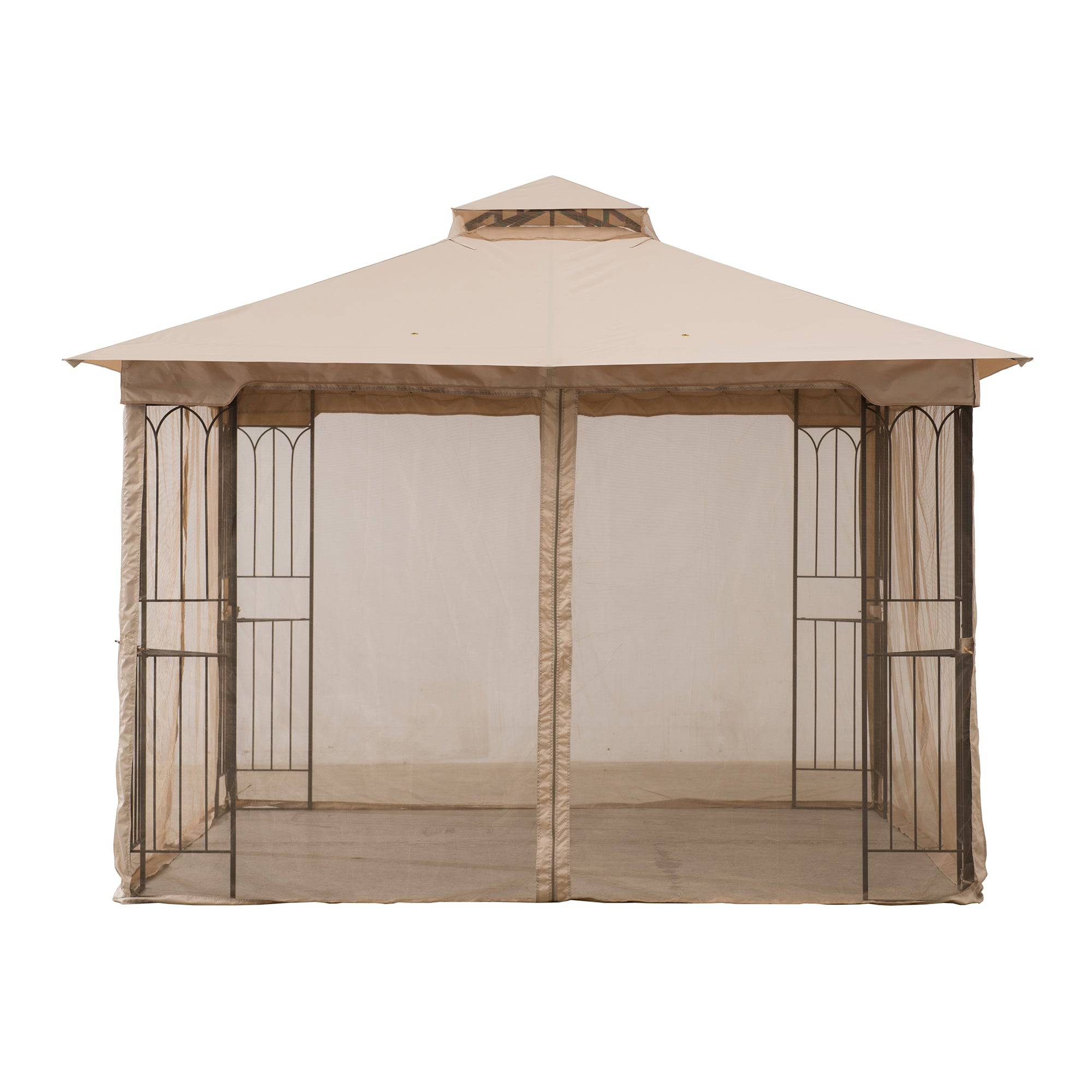 SUNJOY 11x11 Soft Top Patio Gazebo, Steel Gazebo with 2-tier Khaki Canopy, Netting and Shelves