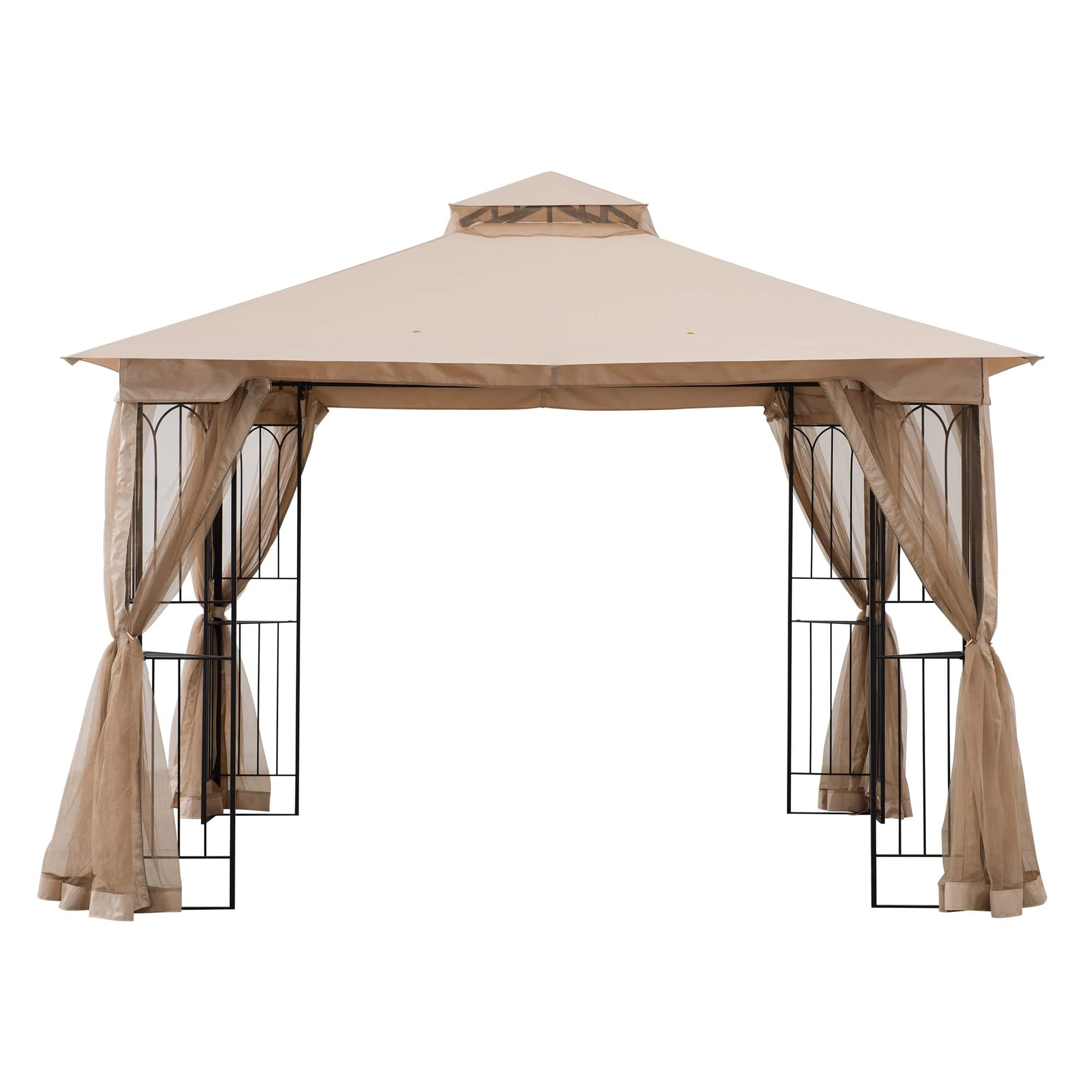 SUNJOY 11x11 Soft Top Patio Gazebo, Steel Gazebo with 2-tier Khaki Canopy, Netting and Shelves