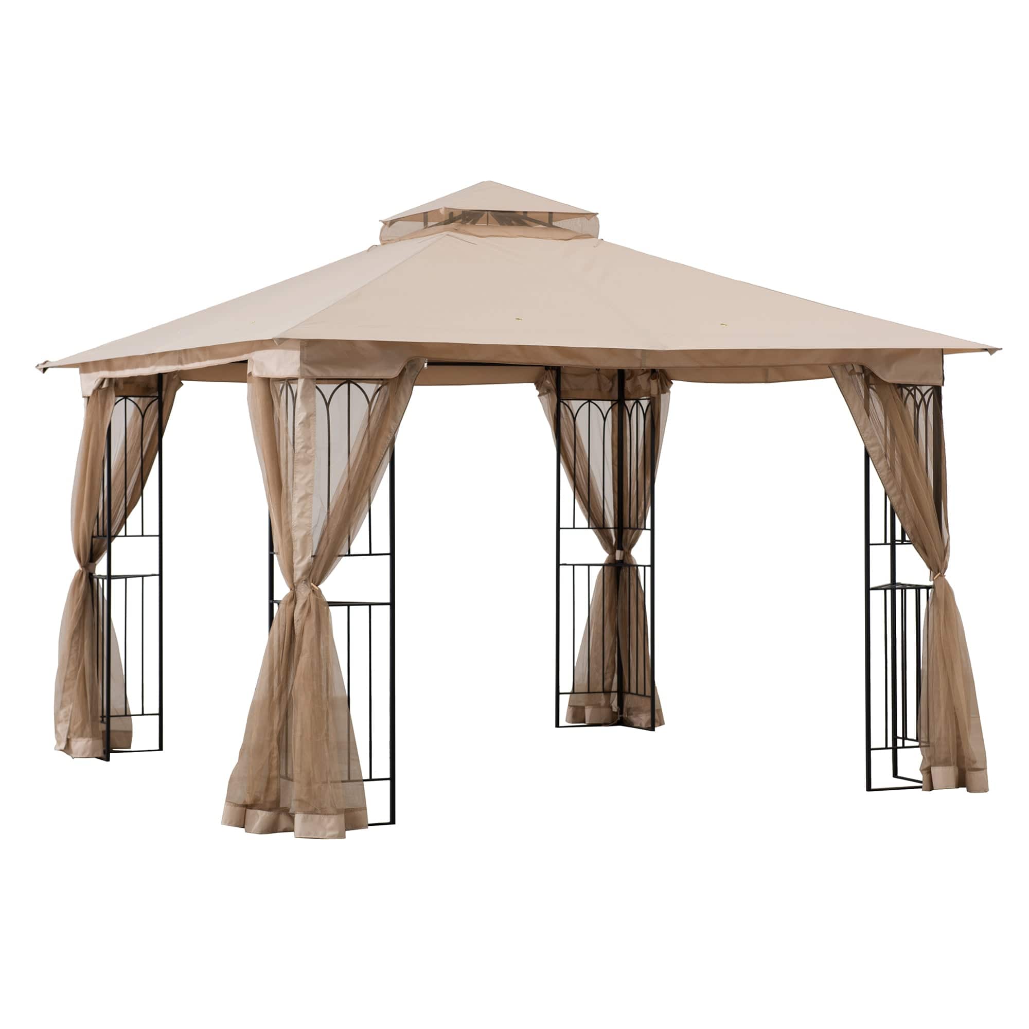 SUNJOY 11x11 Soft Top Patio Gazebo, Steel Gazebo with 2-tier Khaki Canopy, Netting and Shelves