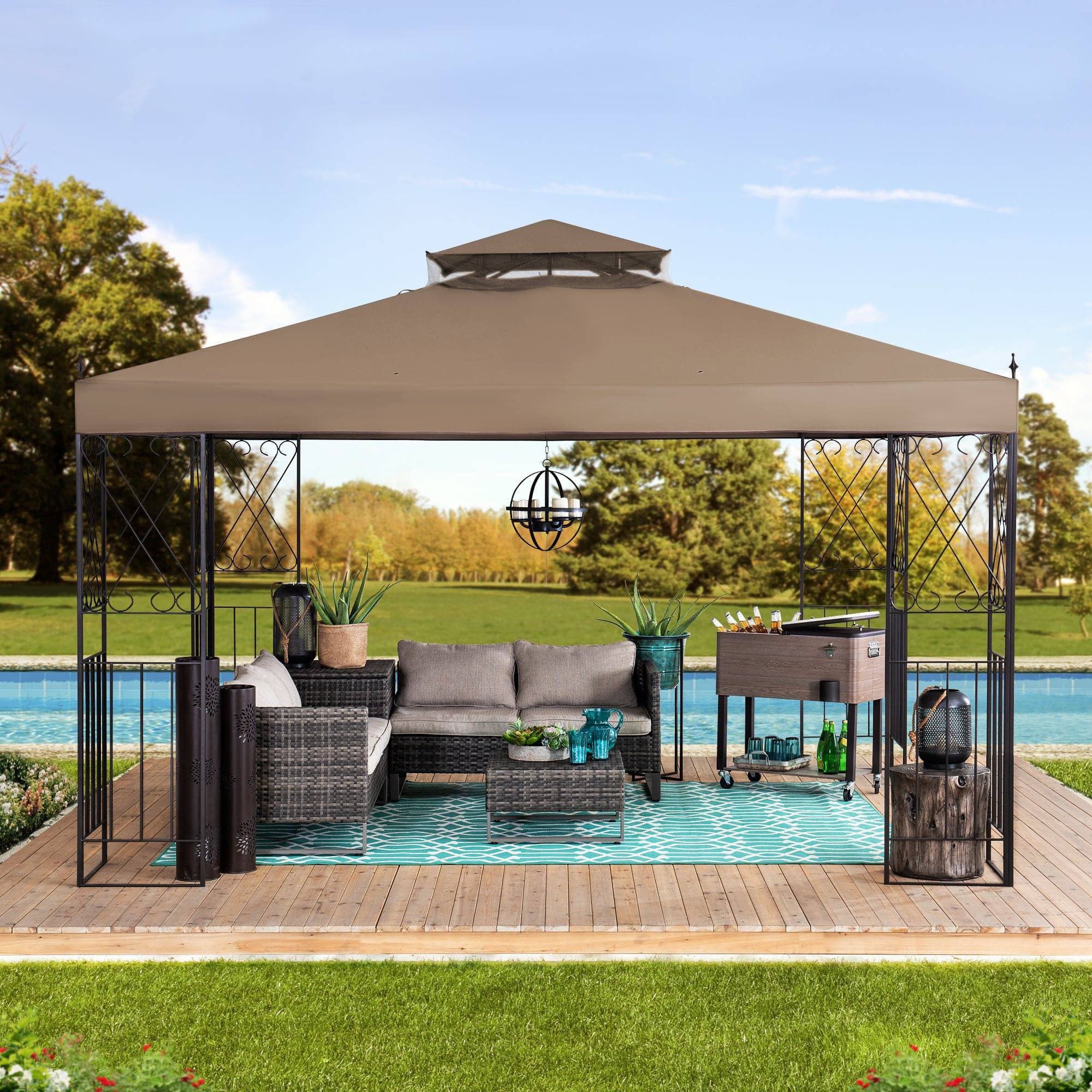 SUNJOY Outdoor Patio 10x12 Khaki 2-Tier Steel Backyard Soft Top Gazebo with Ceiling Hook