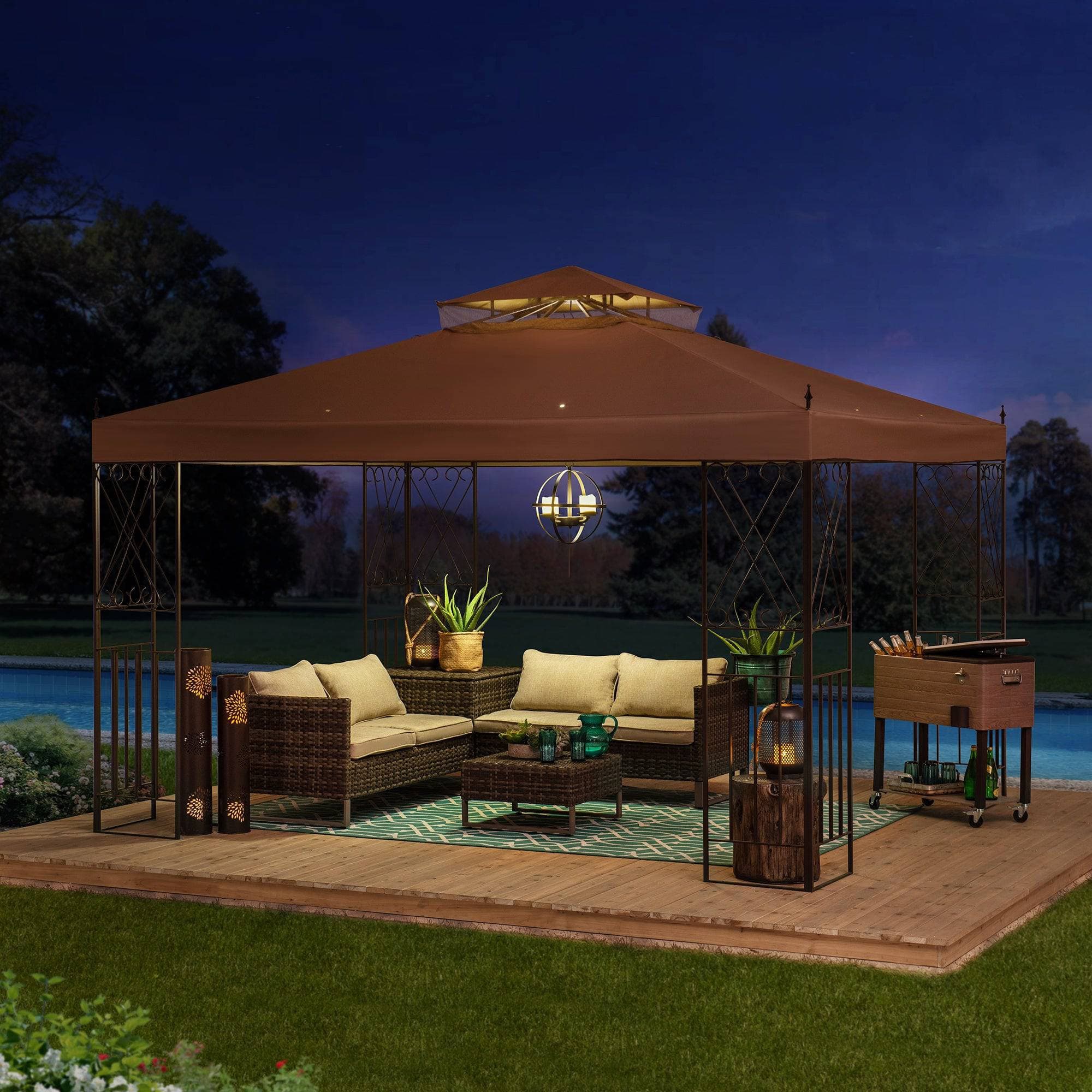 SUNJOY Outdoor Patio 10x12 Khaki 2-Tier Steel Backyard Soft Top Gazebo with Ceiling Hook