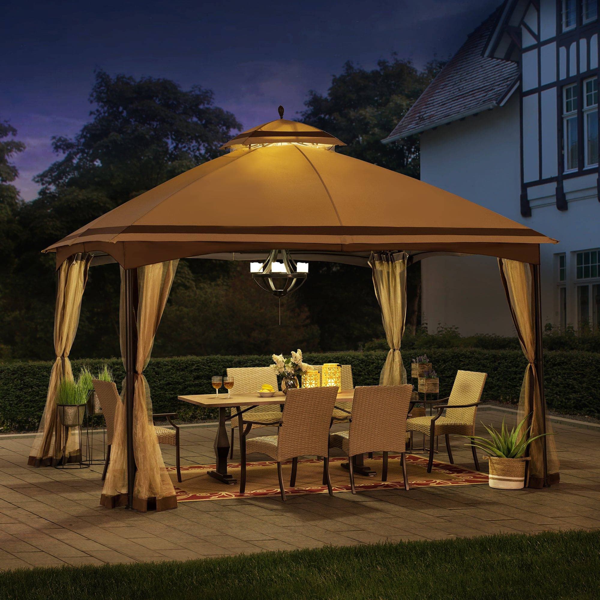 SUNJOY Outdoor Patio 10x13 Steel 2-Tier Backyard Soft Top Gazebo with Ceiling Hook and Netting