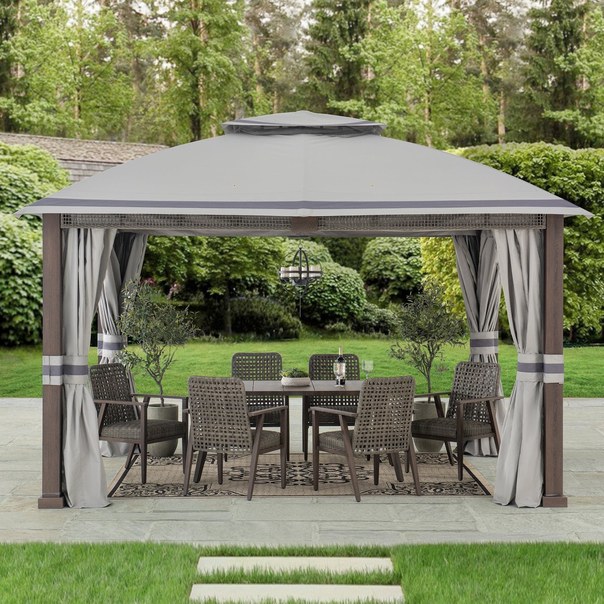 SUNJOY 11x13 Soft Top Gazebo Outdoor Steel Frame Patio Gazebo with 2-Tier Canopy, Netting, Curtains and Hook