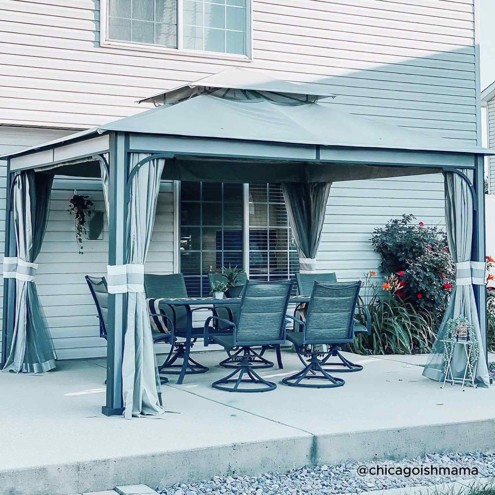 SUNJOY 11x13 Soft Top Gazebo Outdoor Patio Steel Frame 2-Tier Backyard Gazebo with Netting, Curtains and Hook