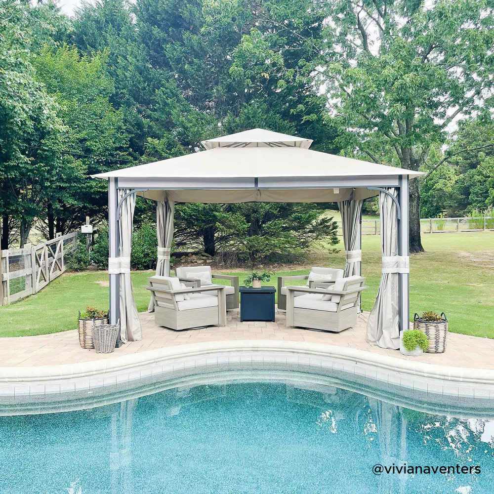 SUNJOY 11x13 Soft Top Gazebo Outdoor Patio Steel Frame 2-Tier Backyard Gazebo with Netting, Curtains and Hook