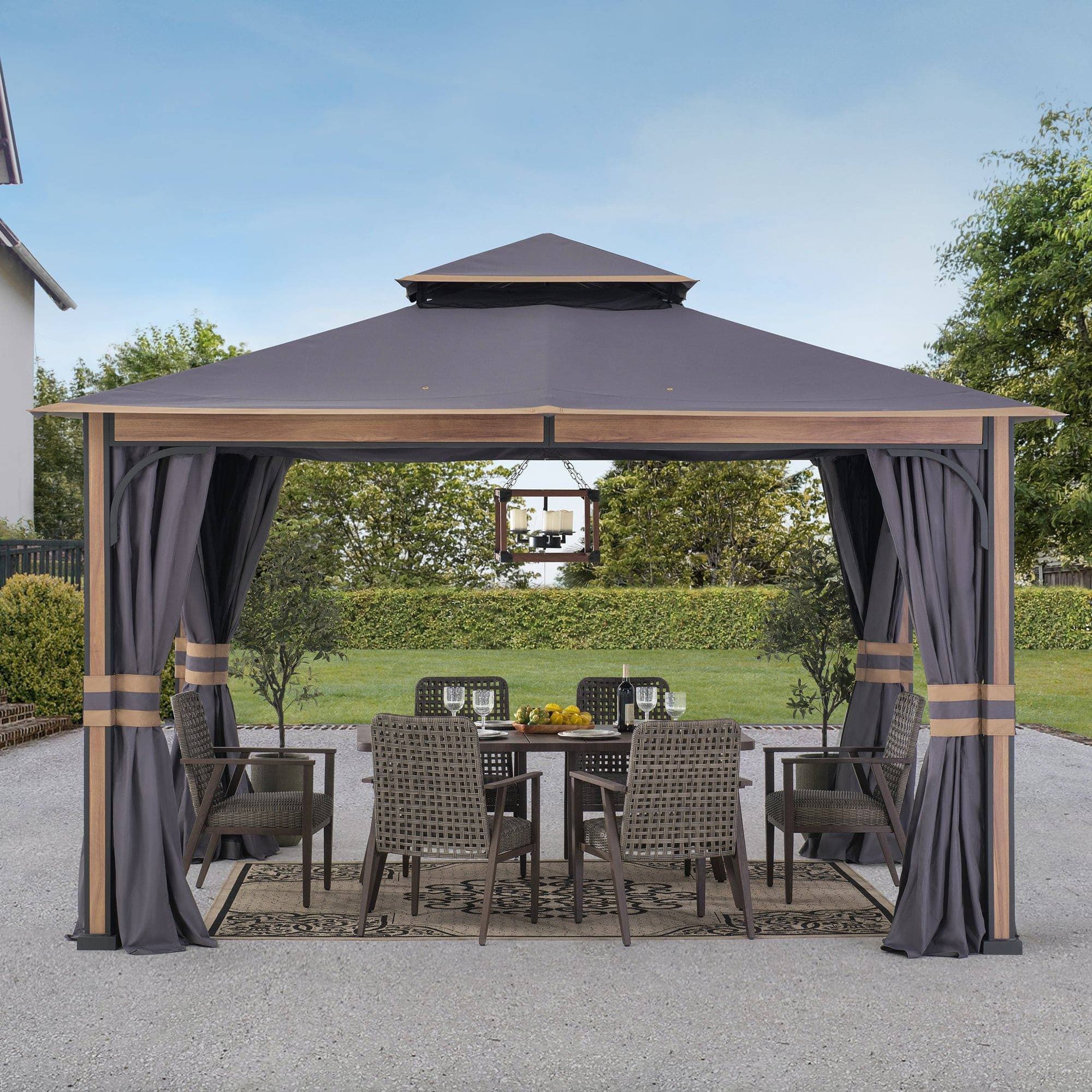 SUNJOY 11x13 Soft Top Gazebo Outdoor Patio Steel Frame 2-Tier Backyard Gazebo with Netting, Curtains and Hook