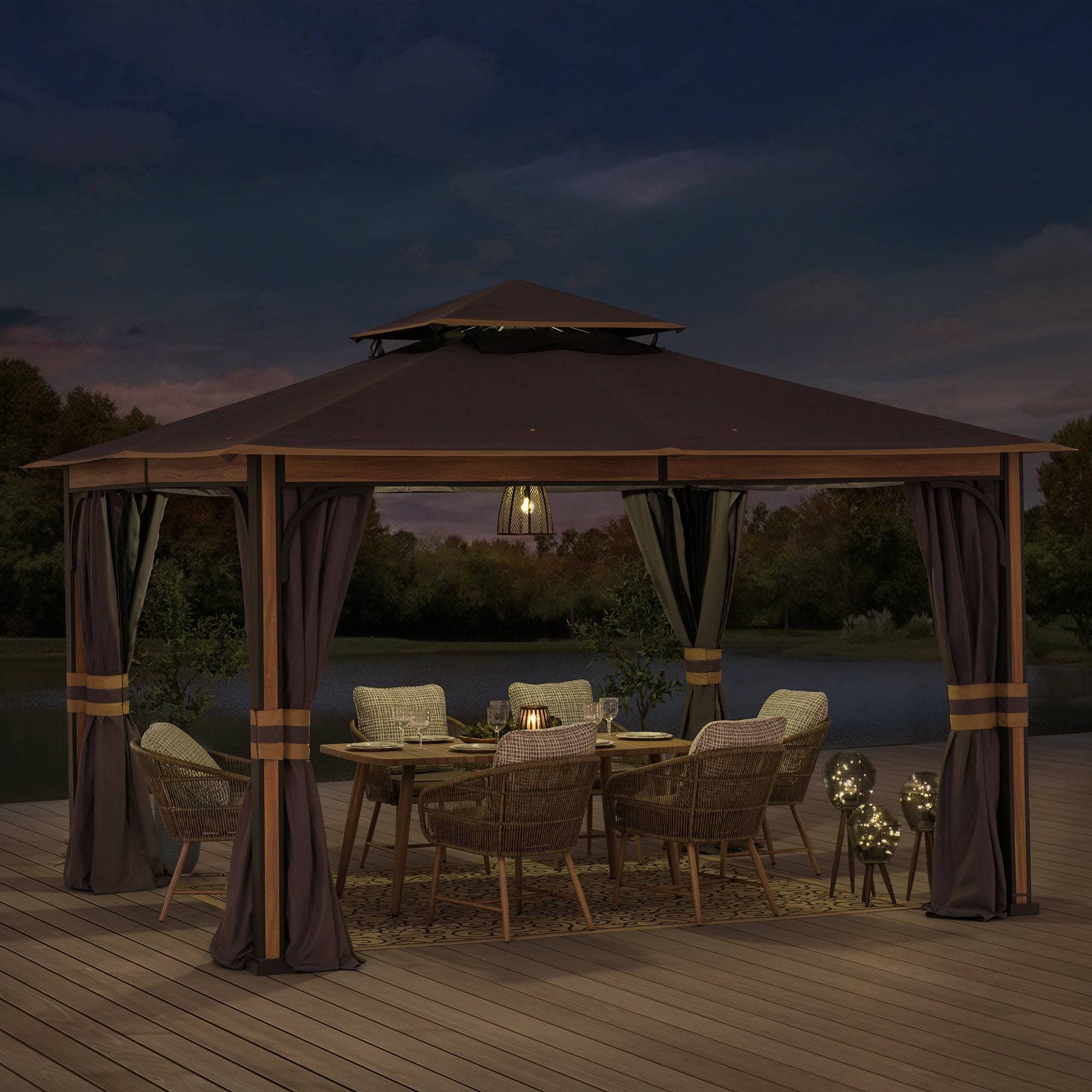 SUNJOY 11x13 Soft Top Gazebo Outdoor Patio Steel Frame 2-Tier Backyard Gazebo with Netting, Curtains and Hook