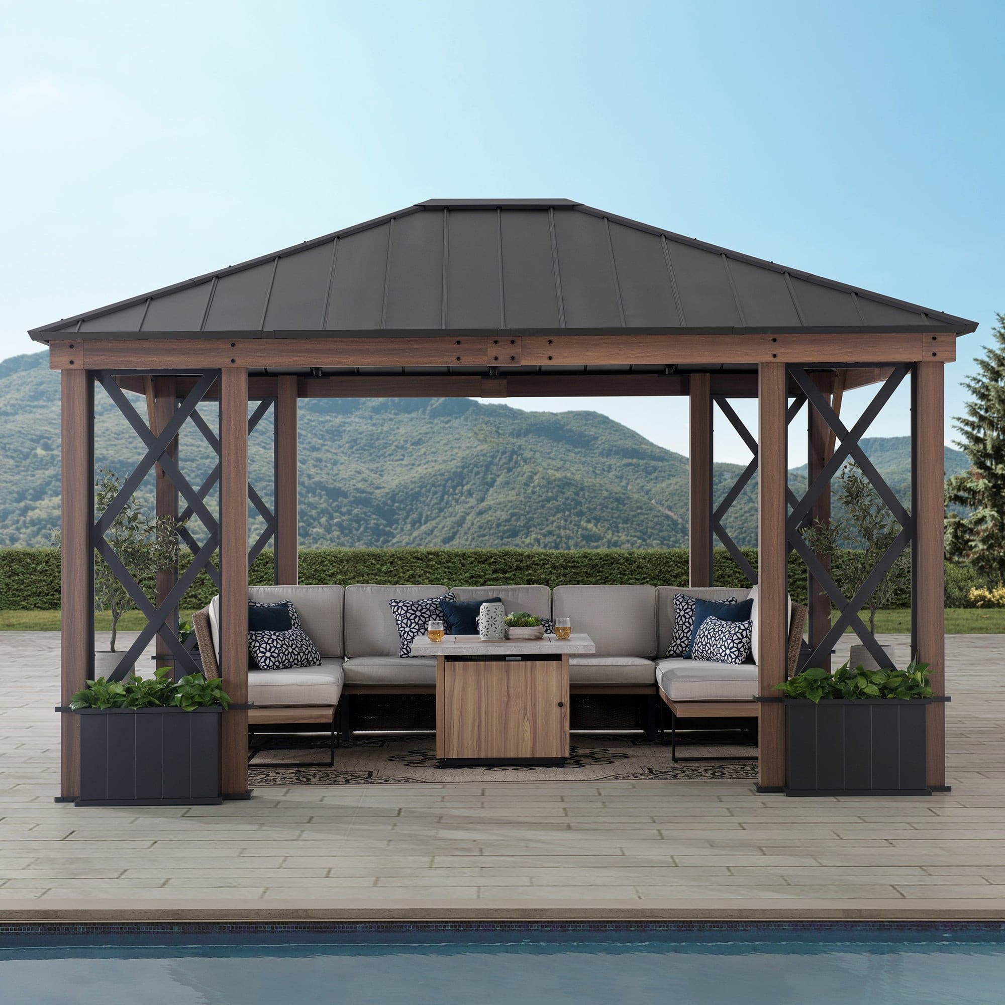 SUNJOY 13x15 Hardtop Gazebo Outdoor Black Steel Roof Gazebo Backyard Aluminum Framed Gazebo with Planters and Ceiling Hook