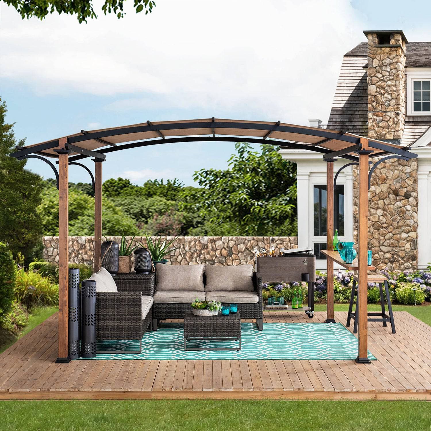 SUNJOY Outdoor Patio 9x13 Modern Tan Metal Arched Pergola Kit with Bar Shelf
