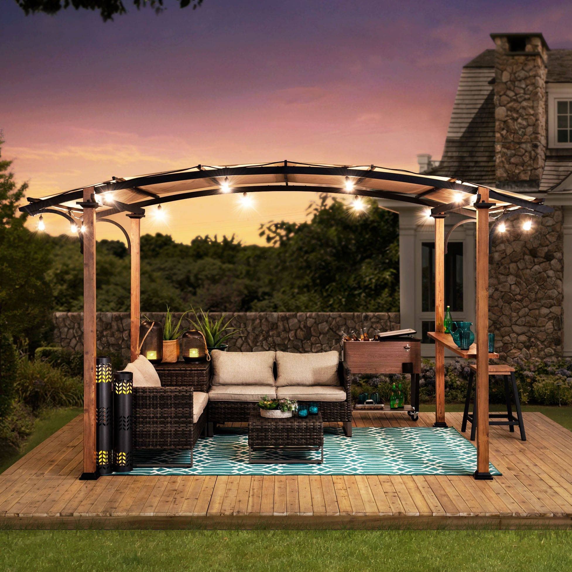 SUNJOY Outdoor Patio 9x13 Modern Tan Metal Arched Pergola Kit with Bar Shelf