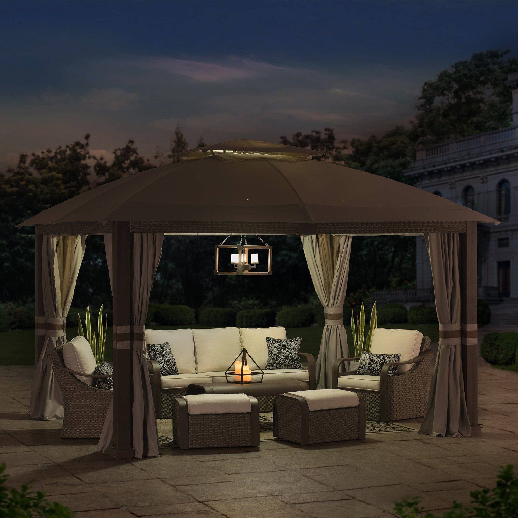 SUNJOY 11x13 Soft Top Gazebo Outdoor Steel Frame Patio Gazebo with 2-Tier Canopy, Netting, Curtains and Hook