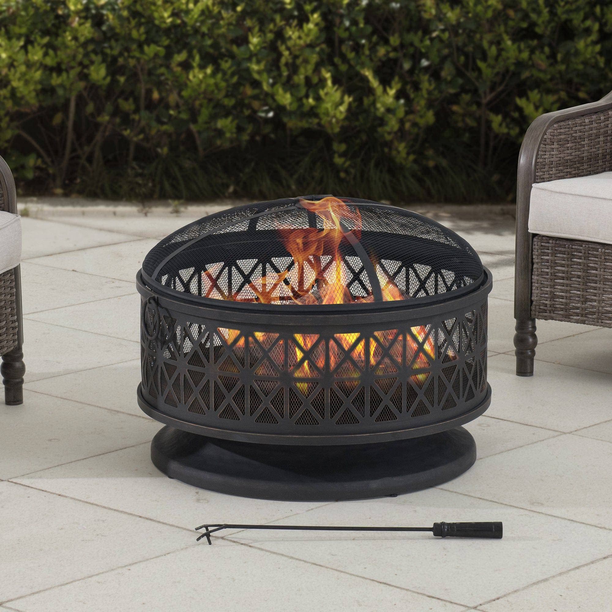 SUNJOY 30 Inch Outdoor Fire Pit Black Steel Patio Fire Pit Backyard Wood Burning Fire Pit with Spark Screen and Fire Poker