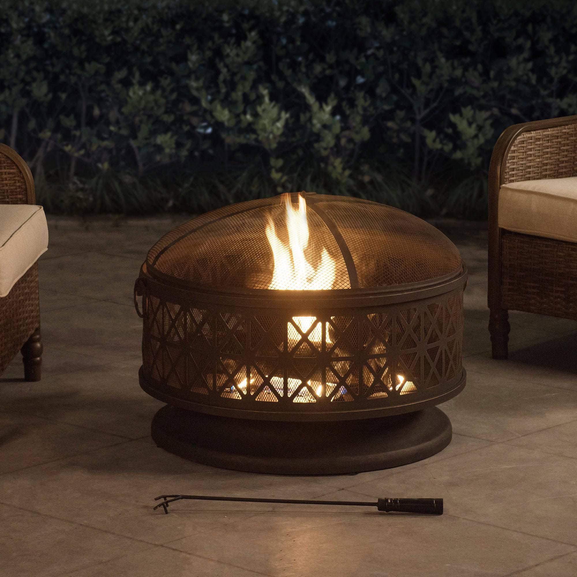 SUNJOY 30 Inch Outdoor Fire Pit Black Steel Patio Fire Pit Backyard Wood Burning Fire Pit with Spark Screen and Fire Poker