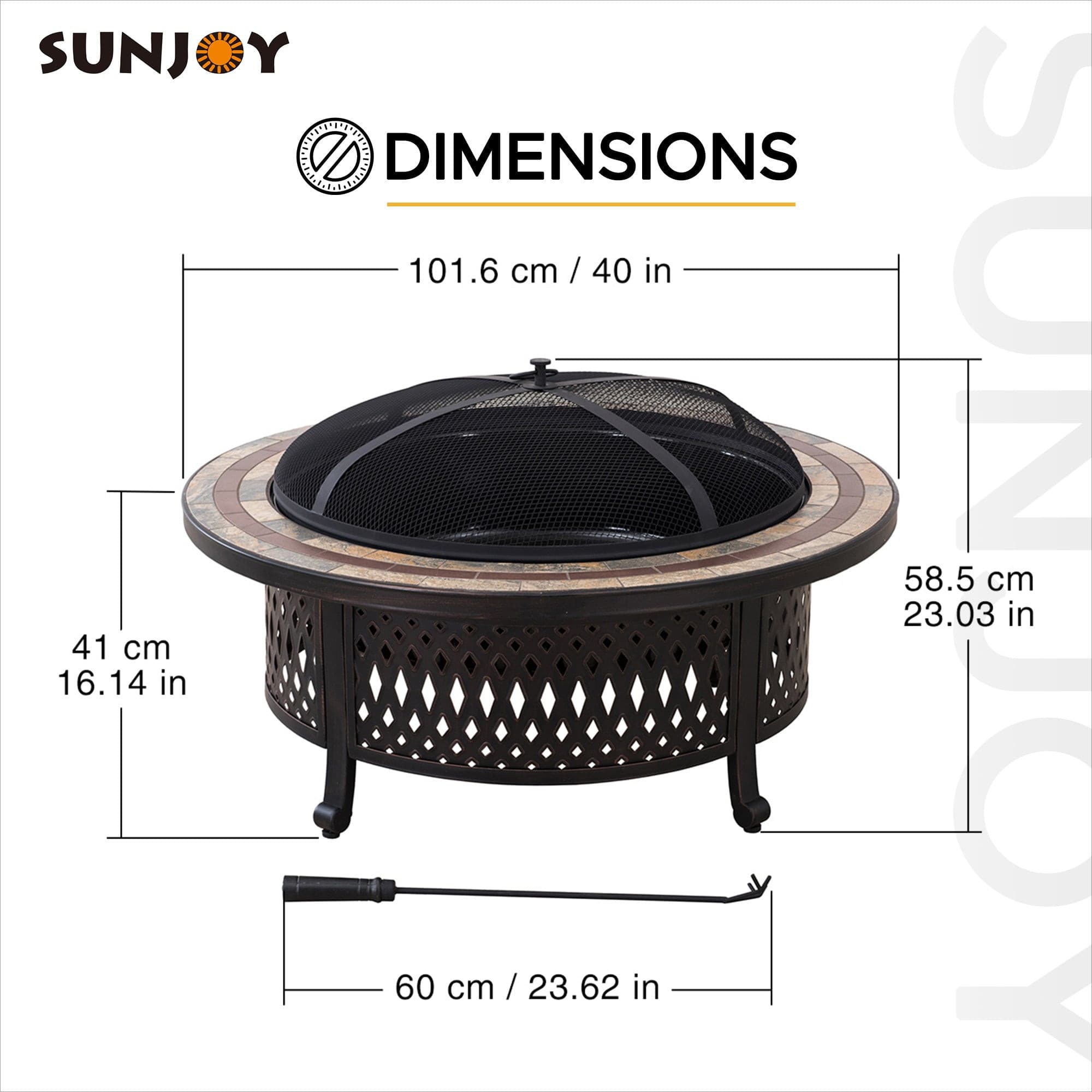 SUNJOY 40 Inch Outdoor Fire Pit Black Steel Patio Fire Pit Wood Burning Backyard Fire Pit with Ceramic Tile Table Top and Fire Poker