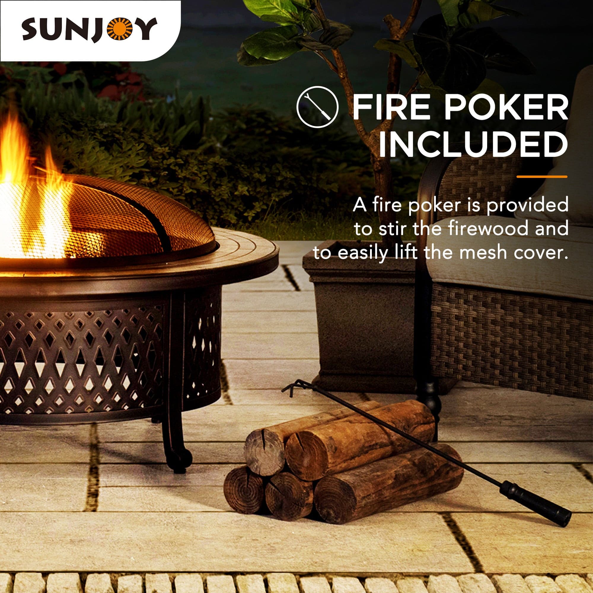 SUNJOY 40 Inch Outdoor Fire Pit Black Steel Patio Fire Pit Wood Burning Backyard Fire Pit with Ceramic Tile Table Top and Fire Poker
