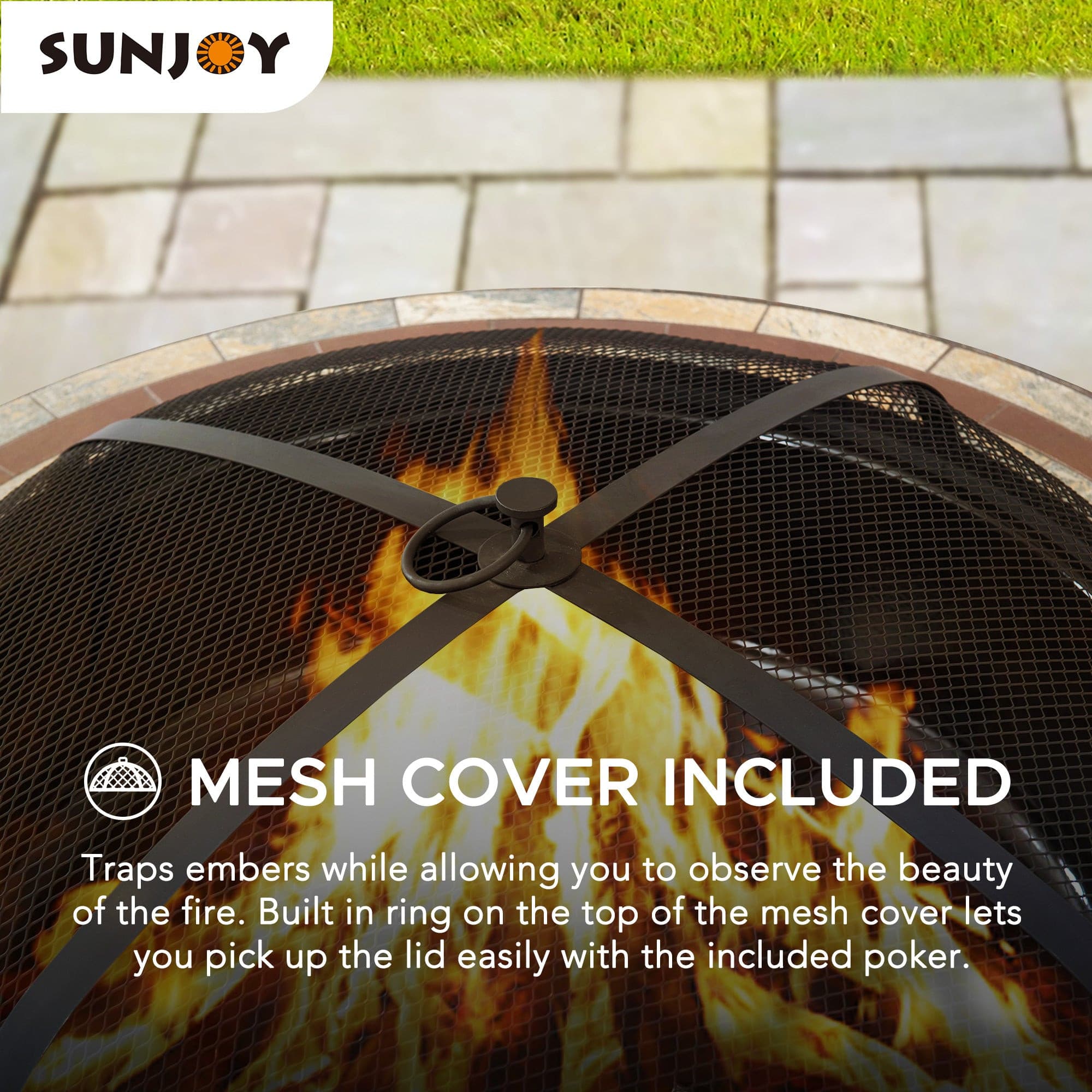 SUNJOY 40 Inch Outdoor Fire Pit Black Steel Patio Fire Pit Wood Burning Backyard Fire Pit with Ceramic Tile Table Top and Fire Poker
