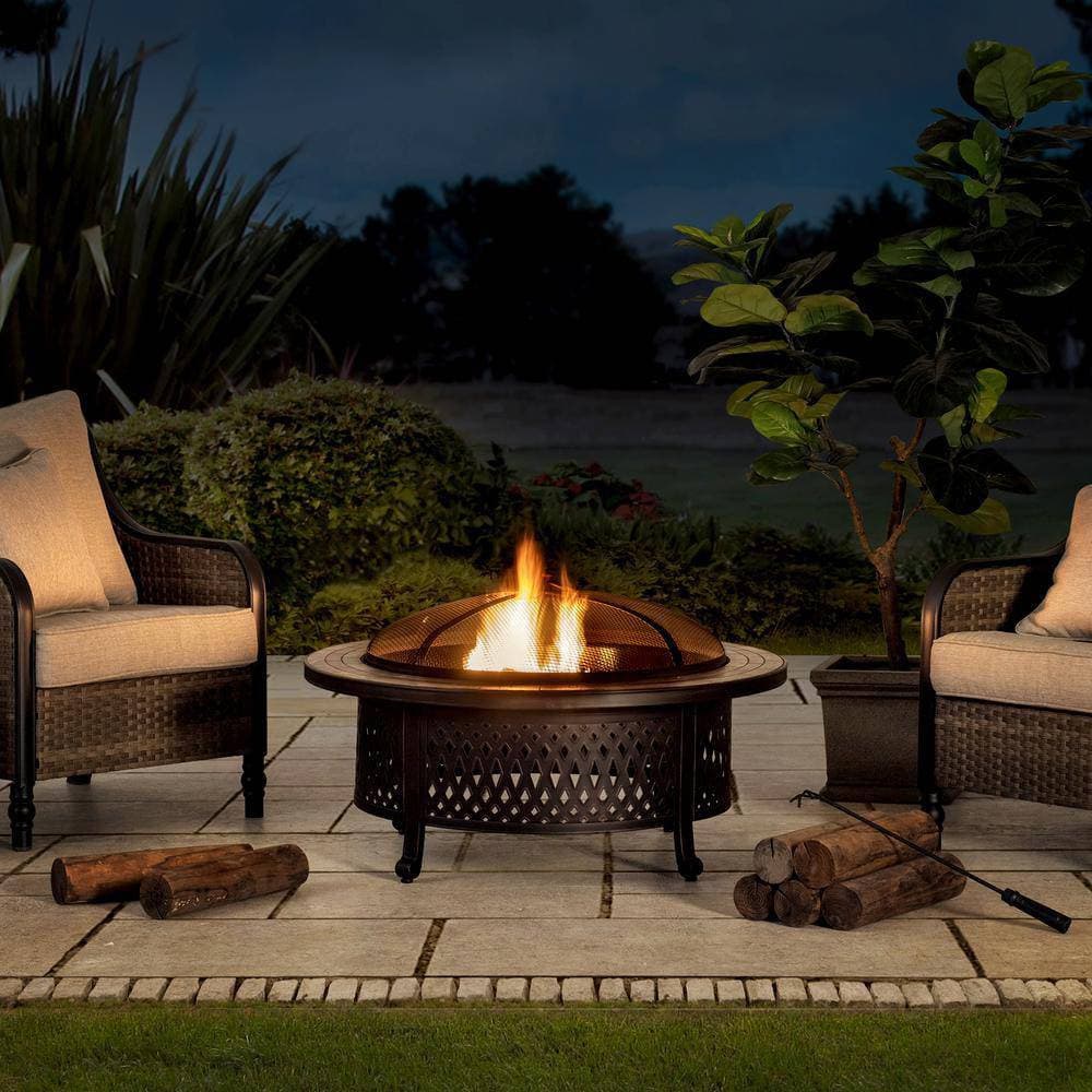 SUNJOY 40 Inch Outdoor Fire Pit Black Steel Patio Fire Pit Wood Burning Backyard Fire Pit with Ceramic Tile Table Top and Fire Poker