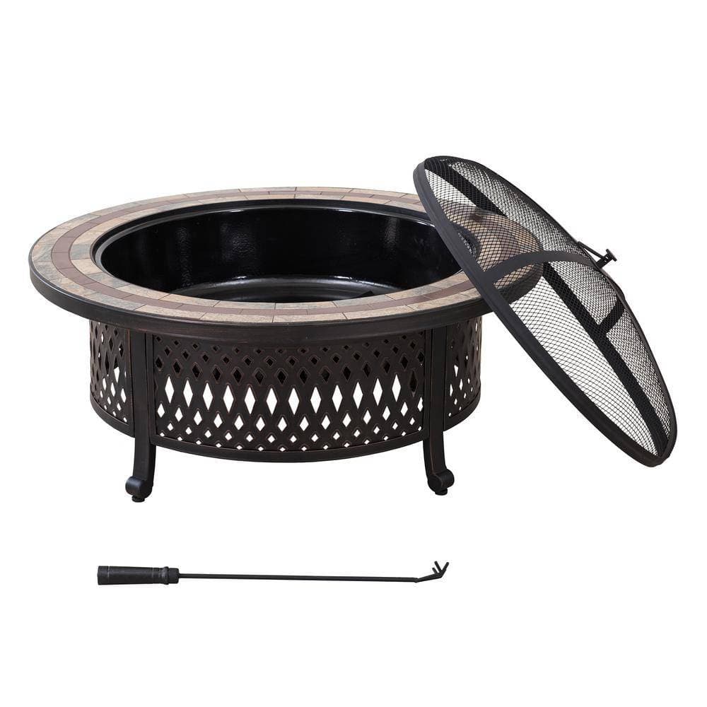 SUNJOY 40 Inch Outdoor Fire Pit Black Steel Patio Fire Pit Wood Burning Backyard Fire Pit with Ceramic Tile Table Top and Fire Poker