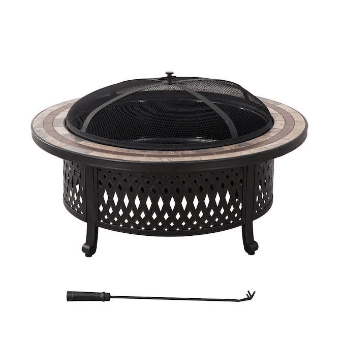 SUNJOY 40 Inch Outdoor Fire Pit Black Steel Patio Fire Pit Wood Burning Backyard Fire Pit with Ceramic Tile Table Top and Fire Poker