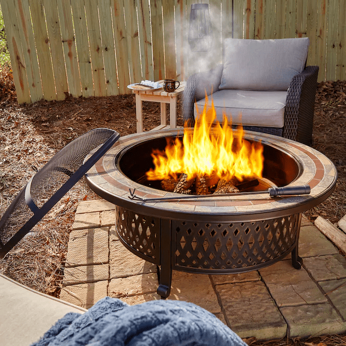SUNJOY 40 Inch Outdoor Fire Pit Black Steel Patio Fire Pit Wood Burning Backyard Fire Pit with Ceramic Tile Table Top and Fire Poker