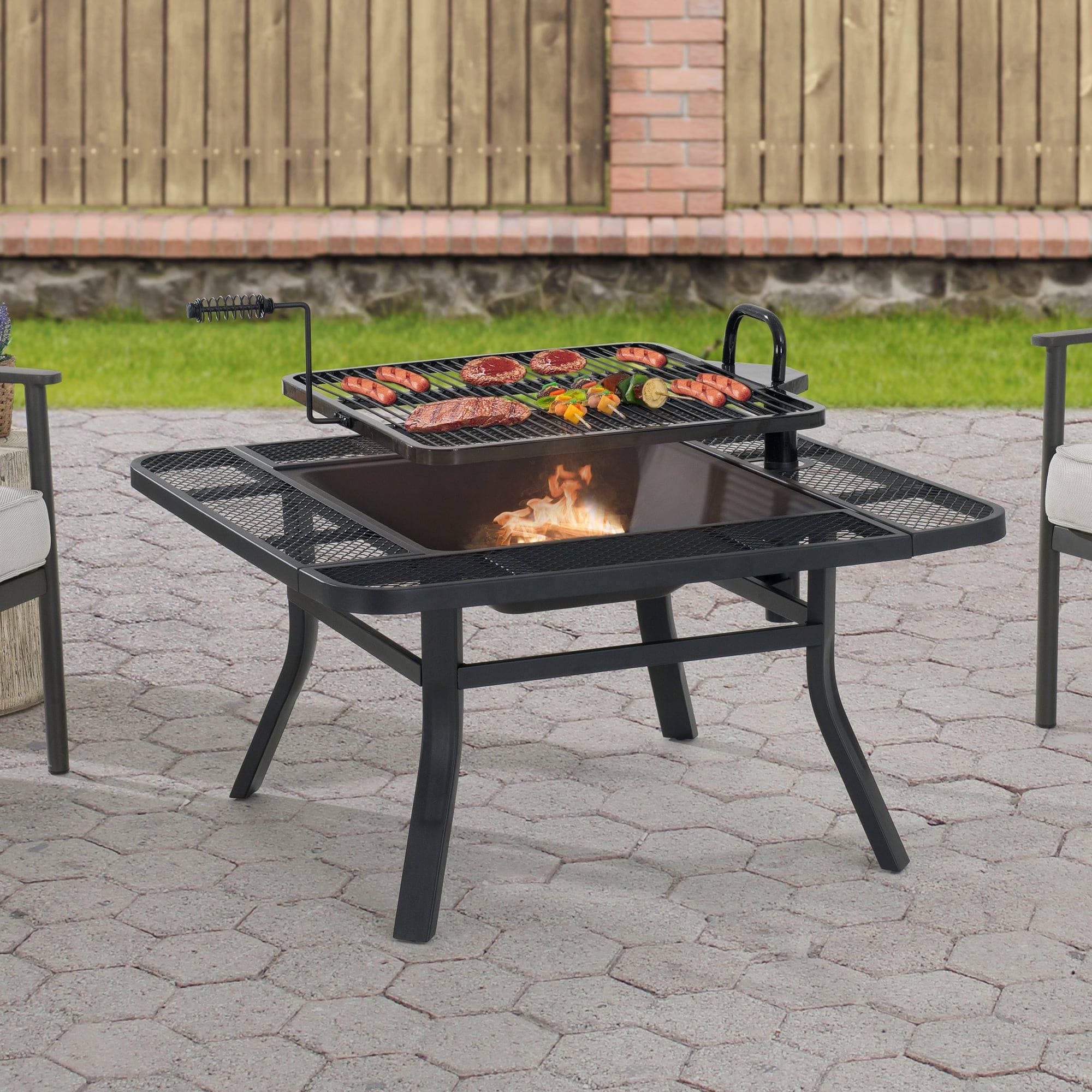 SUNJOY 38 Inch Outdoor Fire Pit Black Steel Patio Fire Pit Large Wood Burning Fire Pit with Adjustable Grill and Fire Poker