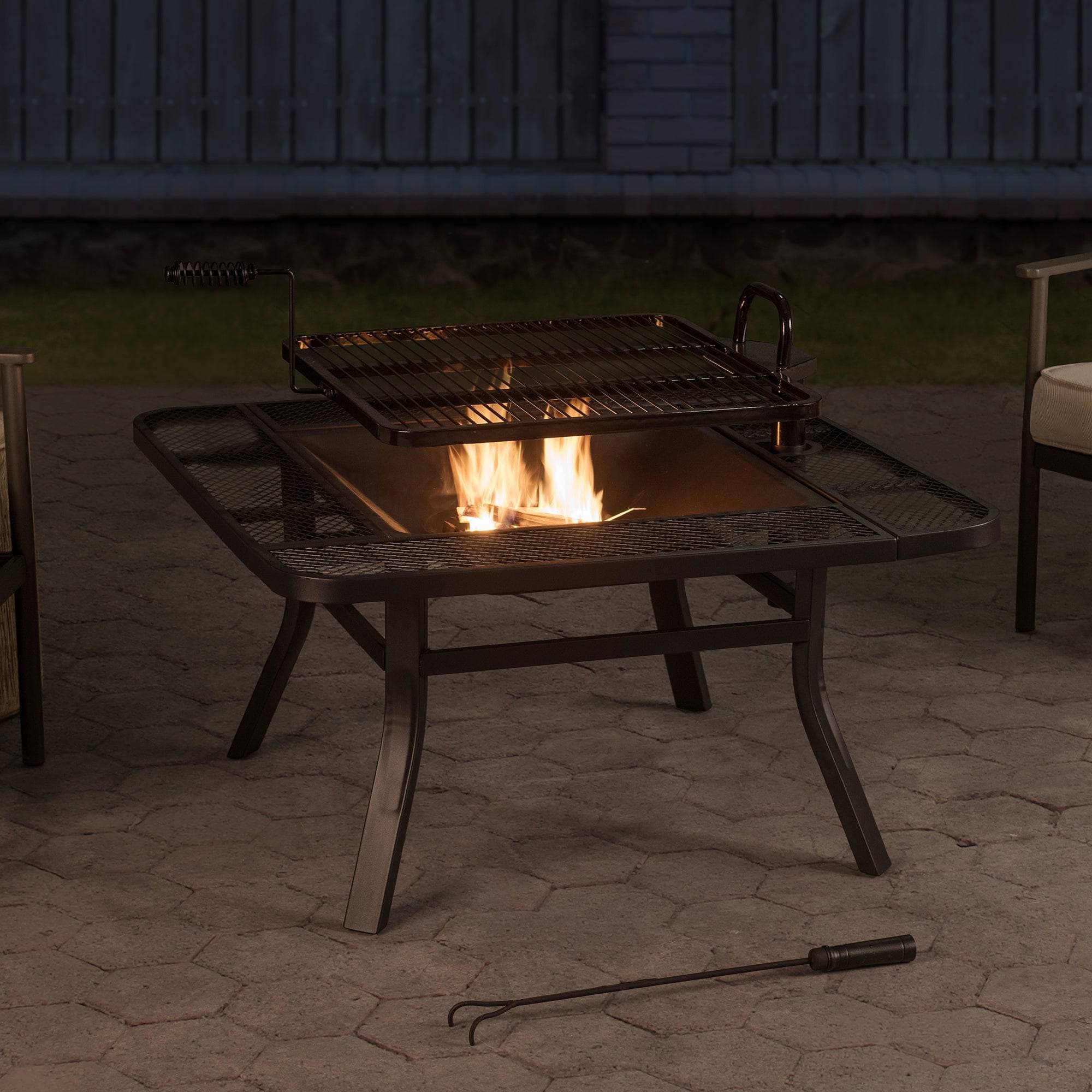 SUNJOY 38 Inch Outdoor Fire Pit Black Steel Patio Fire Pit Large Wood Burning Fire Pit with Adjustable Grill and Fire Poker