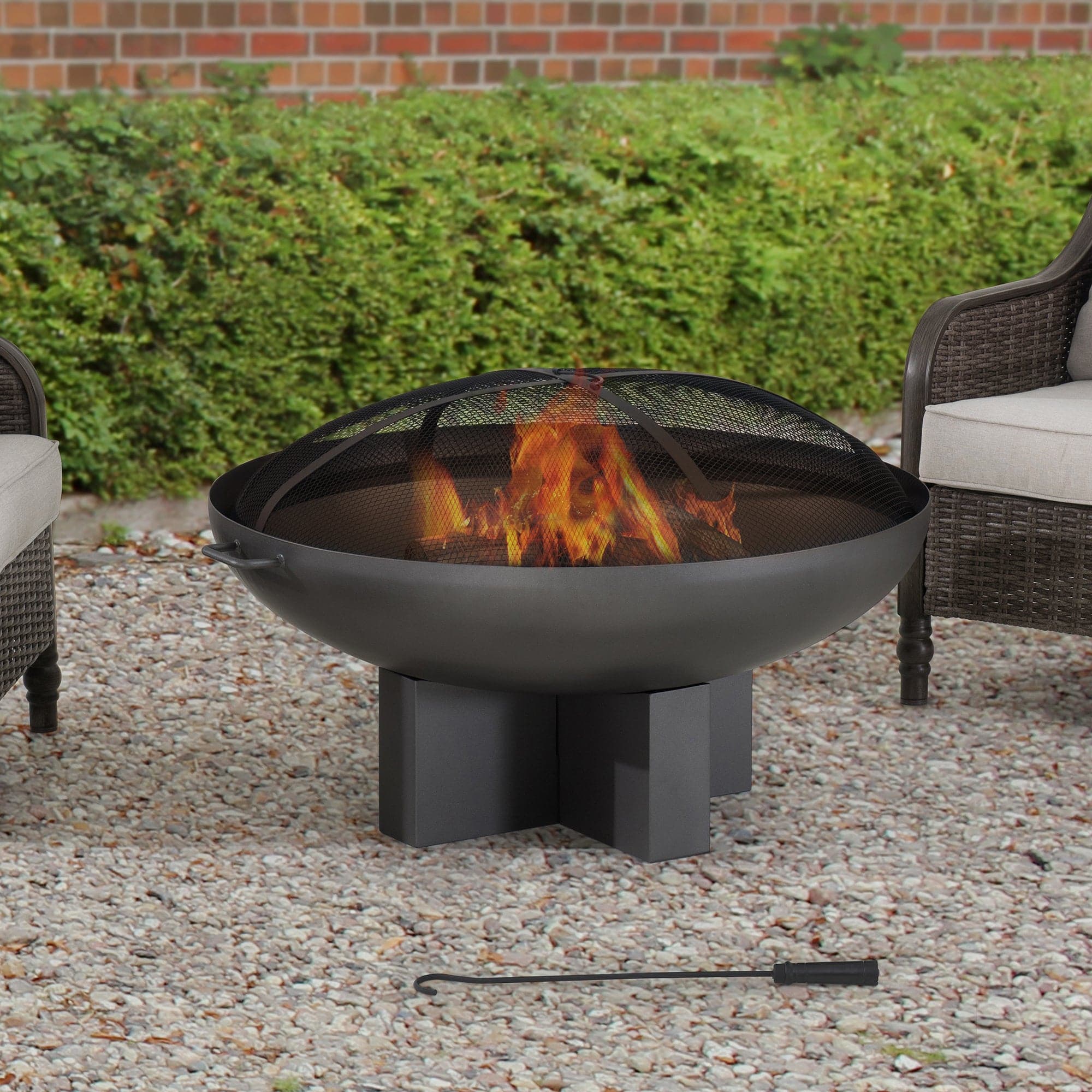 SUNJOY 40 Inch Outdoor Fire Pit Black Steel Wood Burning Patio Fire Pit with Mesh Screen and Fire Poker