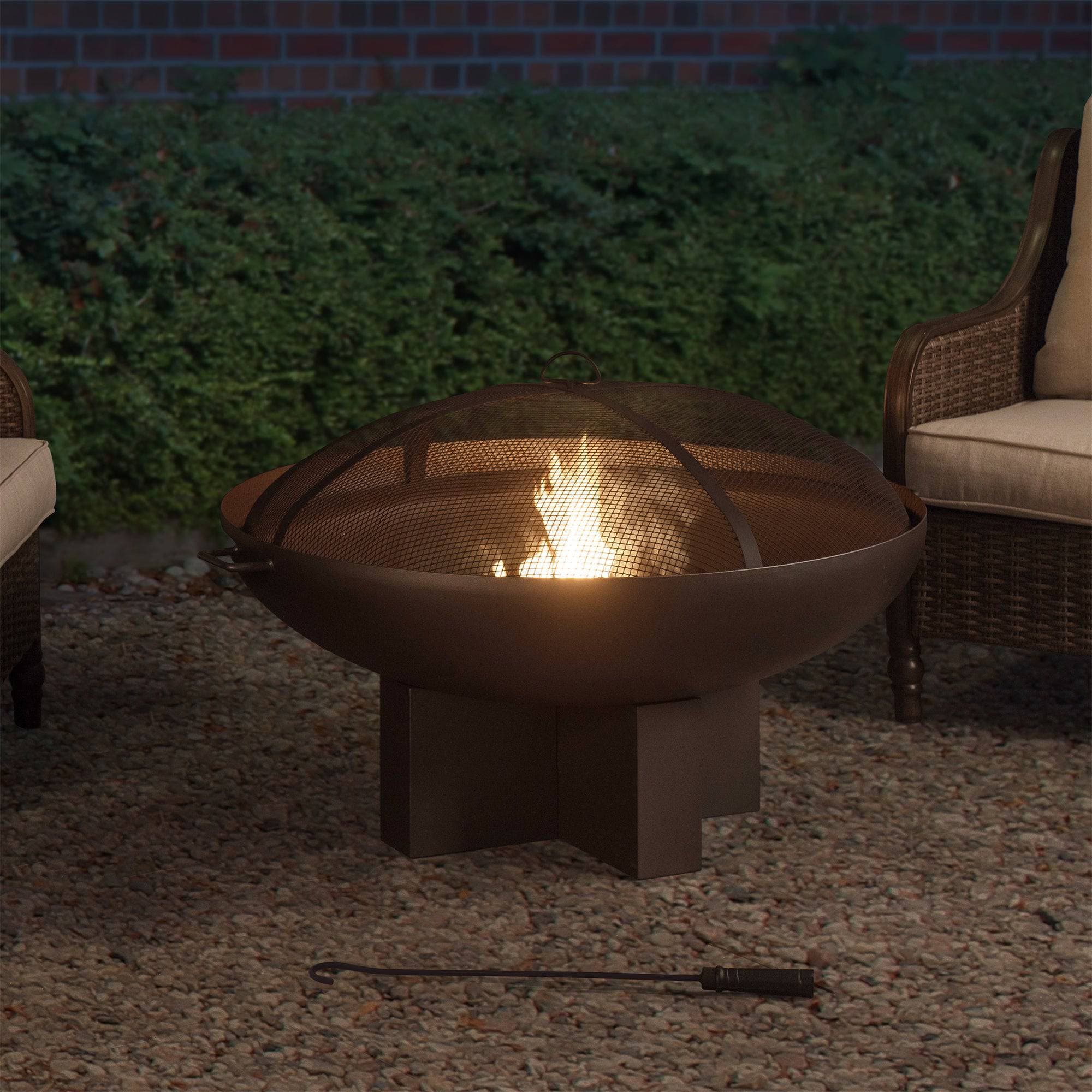 SUNJOY 40 Inch Outdoor Fire Pit Black Steel Wood Burning Patio Fire Pit with Mesh Screen and Fire Poker